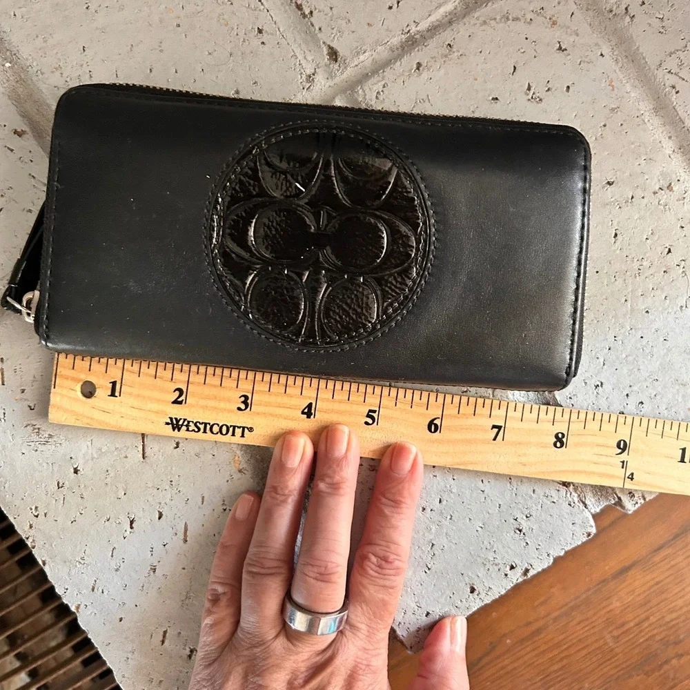 Coach Black Zip-Around Leather Wallet with Signature Medallion